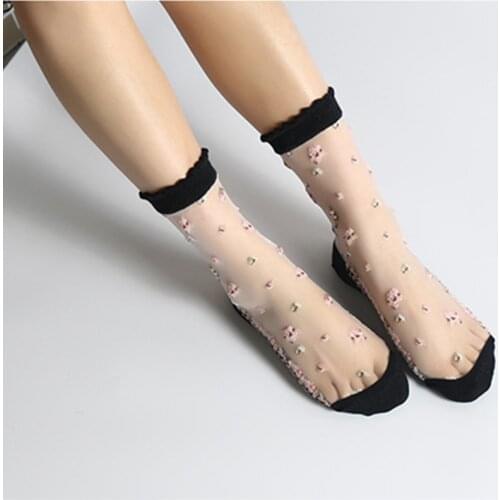 1 Pair Breathable Ultra Thin Socks Summer Women Transparent Lace Silk Crystal Rose Flower Girls Elastic Short Socks Female Sox