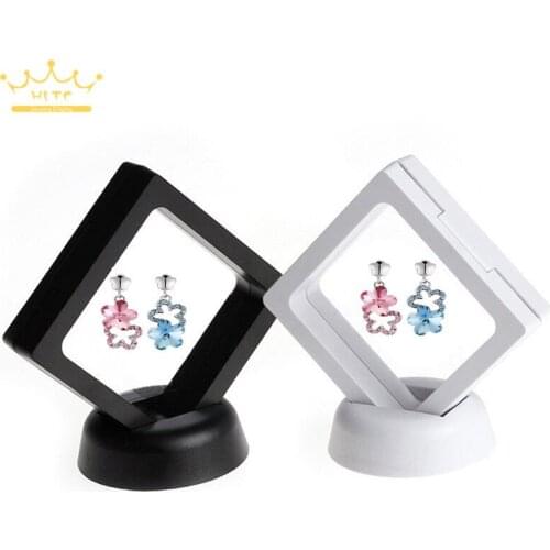PET Suspended Floating Display Case Black White Plastic 3D Earring Coins Gems Ring Jewelry Exhibition Stand Holder Box 7*7*2cm