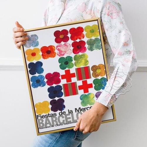 Spain Barcelona Travel Publicity Poster, Fiestas De La Merced Canvas Painting, Vintage Art Flower Pattern Decorative Painting