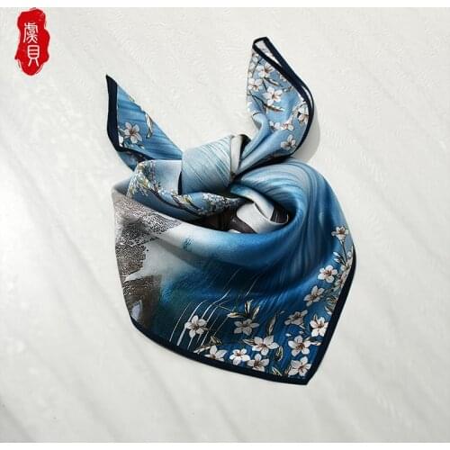 Lake blue natural silk scarf for women printed flower 100% real silk scarves small 50cm square soft handkerchief gift for lady