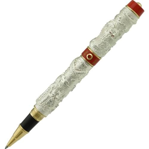 Jinhao Vintage Luxurious Roller Ball Pen Double Dragon Playing Pearl, Silver & Red Metal Carving Embossing Heavy Pen for Office