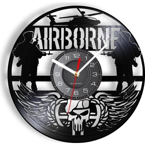 Military Army Airborne Forces Soldier Vinyl Record Wall Clock Patriotic Home Decor Ranger Death Skull Artwork Clock Veteran Gift
