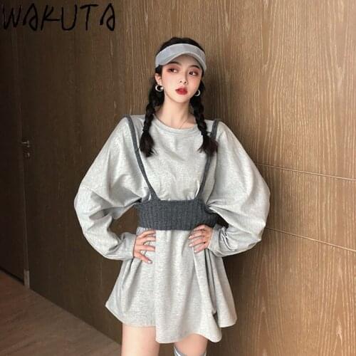 WAKUTA Long Sleeve Oversized T Shirt and Knitted Vest Womens 2 Piece Set Korean Fashion 2021 Spring New Casual Suits Streetwear