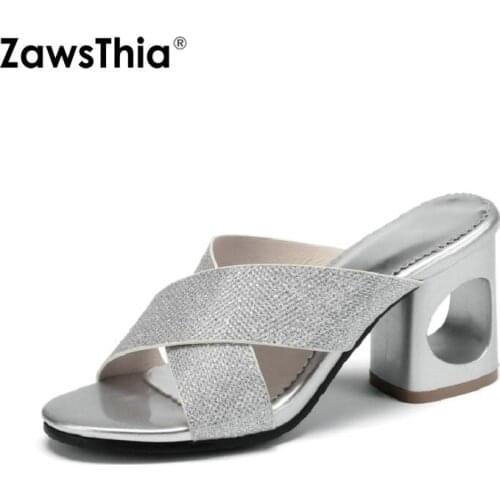 ZawsThia 2020 summer silver blue bling bling woman block high heels slip-on shoes open toe women slippers slides mules size 48