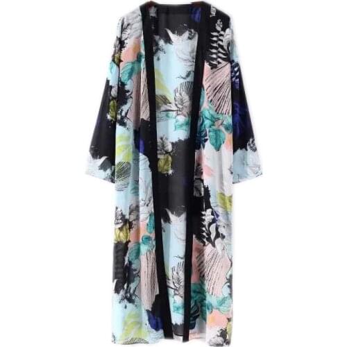 Women Boho Floral Printed Long Blouse Loose Shawl Kimono Cardigan Boho Beach Cover up Shirt Outwear blusa mujer feminino