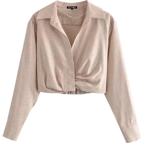 2021 New Women Fashion With Pleats Linen Cropped Blouses Vintage Long Sleeve Side Zipper Elastic Hem Female Shirts Chic Top