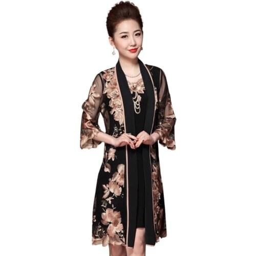 Plus size Fashion gauze embroidery, hot drilling, three-dimensional flower, two piece dress vestidos