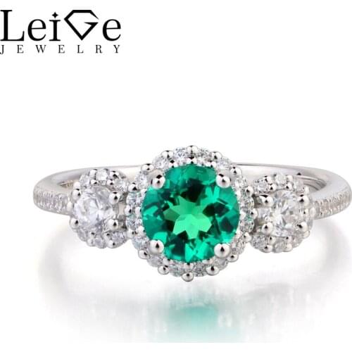 Leige Jewelry May Birthstone Lab Emerald Ring Wedding Ring Round Cut Green Gemstone 925 Sterling Silver Ring Gifts for Women