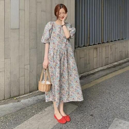 Women dress French retro foam sleeve floral dress for women plus size ruched dress clothing women plus size overside dress