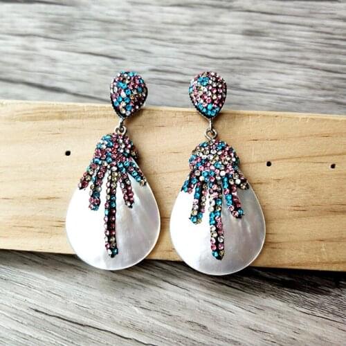1 pair Nature White Shell Drop Shape Earrings Jewelry Multicolour Rhinestone Crystal Pave For Fashion Accessories ER808