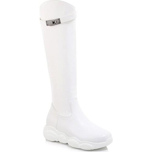 2019 Aimaylen Winter Warm Knee High Boots Women Comfy Flat PU Leather Snow Boots Woman Shoes
