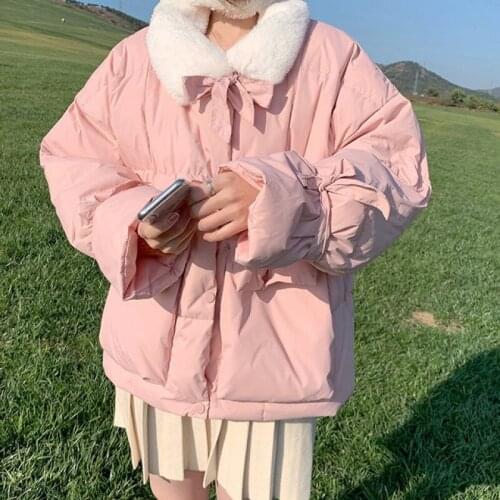 2021 Winter Women Sweet Single Breasted Bow Coat Female Thick Warm Parkas Jacket Pink Blue Pocket Cute Fur Collar Coats
