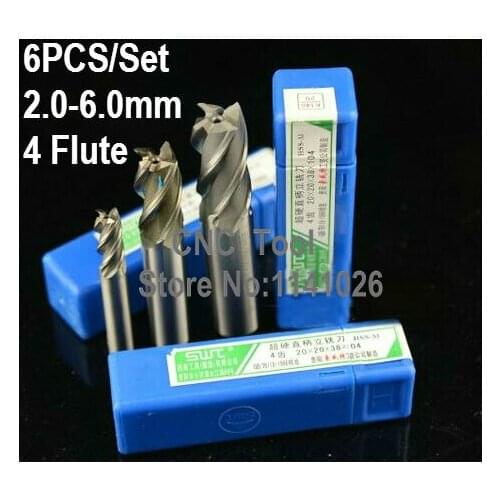 6 pcs/set 2.0~6.0mm 4 Flute Milling Cutter Aluminium End Mill Cutter CNC ,Lathe Tool,Equipment milling cutter rotary cutter
