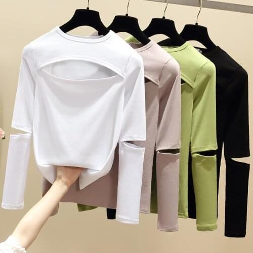Hollow Out Sexy Long Sleeved White Top Korean Fashion WomenS T-Shirt Female Vintage Clothing Blouses 2021 Kawaii Harajuku