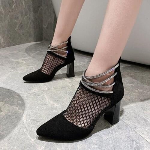 Fashion Air Mesh Boots Women Summer Square Heels Crystal Boots Lady Breathable Shoes Woman Ankle Boots High Heel Sandals