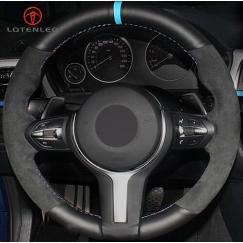 LQTENLEO Black Genuine Leather Suede DIY Car Steering Wheel Cover for BMW F20 F21 M135i M140i M235i M240i X1 F48 X2 F39 X3 F25