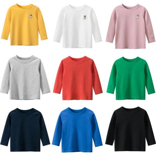 Childrens solid tshirt 100% cotton Boys & Girls Long Sleeve bottom shirt Kids Autumn spring clothes Girl tshirt 2-8 years