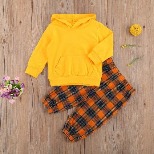 Spring Autumn Kids Baby Causal Sets Solid Color Long Sleeve Pullover Hoodies & Plaid Trousers 2PCS Sport Outfit 6M-4Y