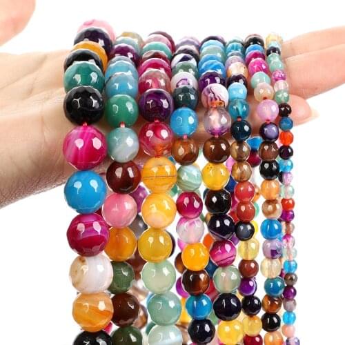 Faceted Multicolor Stripe Agate Onyx Natural Stone Beads Round Spacer Loose Bead For Jewelry Making DIY Bracelet 4/6/8/10/12MM