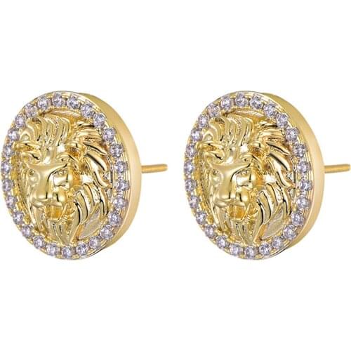 Hip Hop Iced out Rhinestone Gold Animal Lion Stud Earrings Jewelry Women Men Punk Rock Earrings Gift For Him