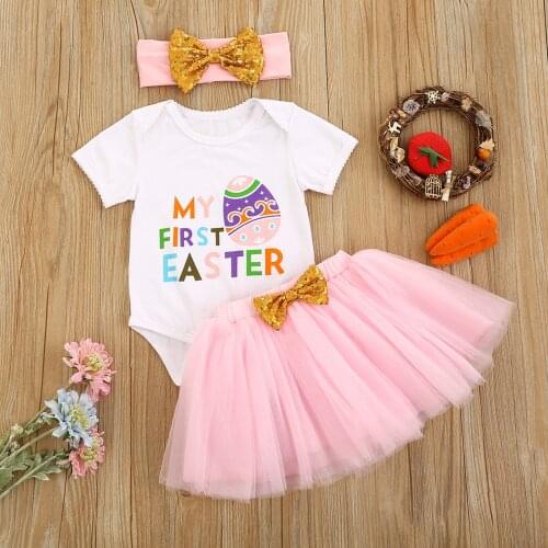 3pcs Newborn Easter Baby Girl Clothes Outfits Baby Letter Print Short Sleeve Round Neck Romper + Bowknot Yarn Skirt + Headband