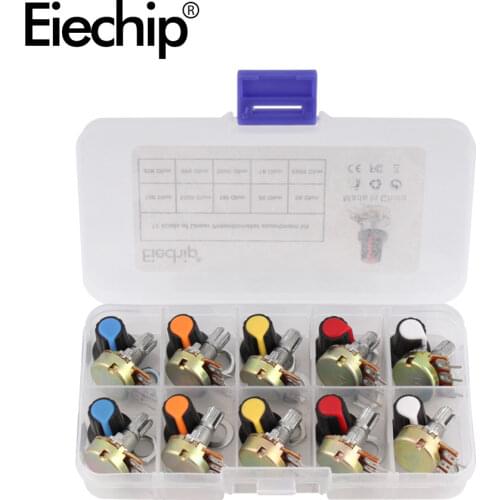 WH148 Potentiometer Kit B1K 2K 5K 10K 20K 50K 100K 500K 1M 15mm Linear Taper Rotary Potentiometer Resistor Set 3pin With Cap