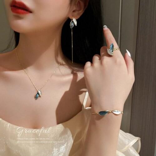 Korea Fashion Apricot Leaf Bracelet Ring Necklace Set Personality Elegant Temperament Earring for Women Jewelry Wholesale