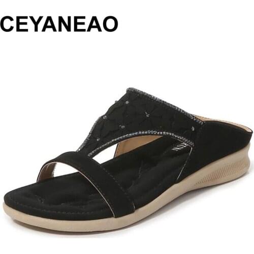 CEYANEAO Summer New Hot Women Slippers Rhinestone Flower Flat Shoes Ladies Comfortable Casual Fashion Sandals Female