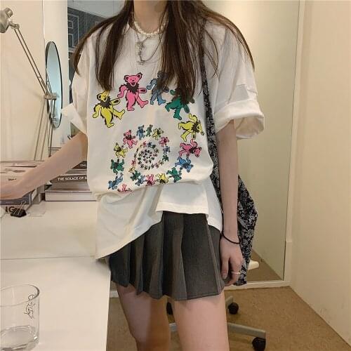 Summer new style vortex bear print casual loose fashion trendy middle-sleeve casual all-match T-shirt top