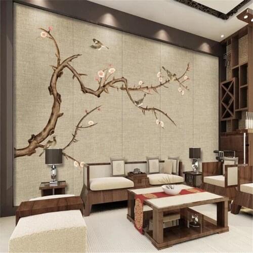 Milofi hand-painted brushwork modern art flowers and birds background wall painting wallpaper
