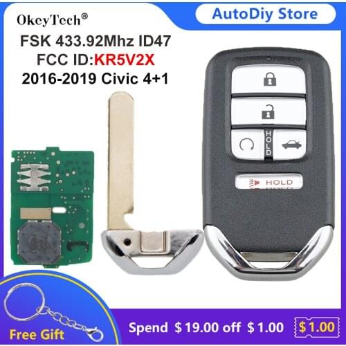 Okeytech High Quality 4+1 Button FSK 433Mhz Smart Remote Control Key ID47 For Honda Piot Civic CR-V 2016-2019 Keyless Fob KR5V2X