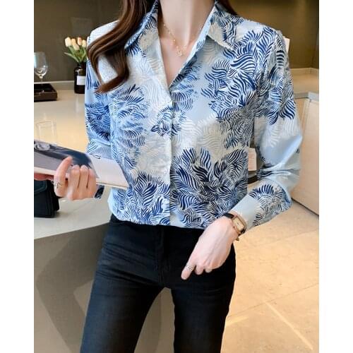 Autumn floral print lapel silk shirt womens long-sleeved loose large size silk blouse temperament high-end shirt