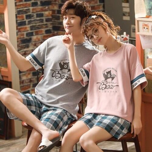 SLPBELY Couple Pajamas Set Summer Femme Male Pyjamas Cotton Cartoon Bear Men And Women Homewear Causual Lover Pijamas Sleepwear