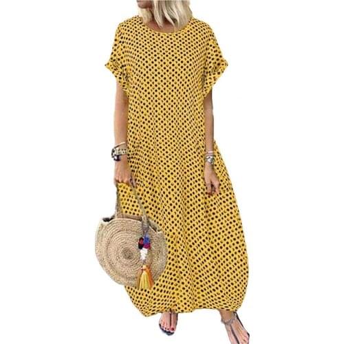 Casual Women Maxi Dress Fashion Dot Print Loose Female Sundress Short Sleeve Round Neck Plus Size Loose Women Dresses Robe Femme