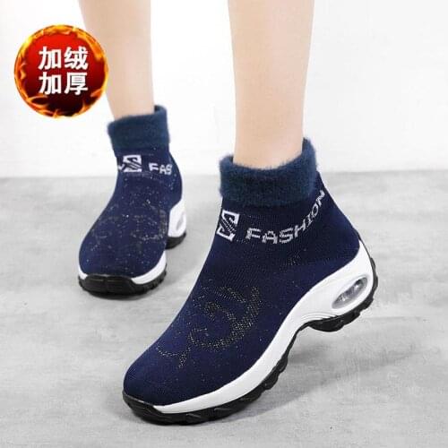Plus Size Winter Warm High Top Womens Sports Shoes Running Woman Sneakers on Platform Sneakers Sport Blue Fur Working B-1495