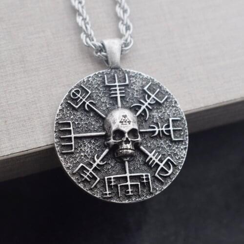 SanLan 12pcs Norse Vikings Gear Vegvisir with skull necklace amulet