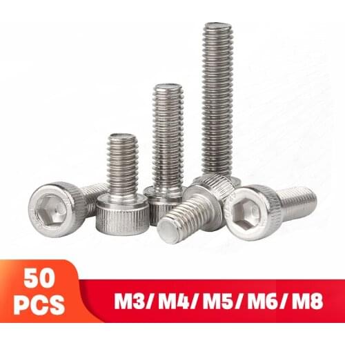 50Pcs M3 M4 M5 M6 M8 *Length 6-50mm 304 A2-70 Stainless Steel DIN912 Hexagon Hex Socket Cap Allen Head Bolt Screw