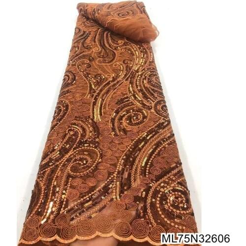 High Quality 2021 Sequins Lace Fabric 5 Yards Sew African Nigerian Tulle Lace Fabric For Sew Diy Dress Wedding ML75N326