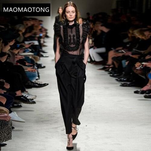 Womens Clothing Fashion Designer Summer Black Pants Set Womens Sexy Perspective Mesh Tops And Pants 2 Two Pieces Suit