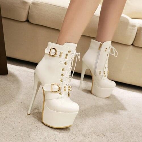 2021 Autumn Winter Platform Women Shoes Sexy Thin High Heel Ankle Boots Fashion Cross Tied Short Boots Round Toe Shoes Woman