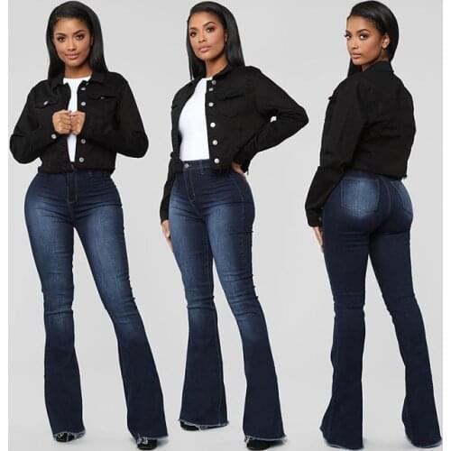 FNOCE 2020 winter new womens jeans pants streetwear fashion casual solid high tight stretch slim denim full Flare Pants