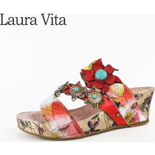 Laura Vita 2019 New Genuine Leather Sandals Women Shoes Vintage Handmade Flower Slip On Wedge Heels Beach Sandals Slides Shoes