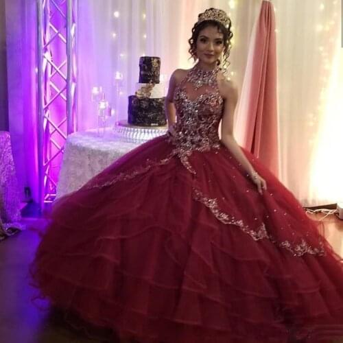 Burgundy Quinceanera Dresses Halter Neck Crystal Corset Back Sweet 15 16 Birthday Dress Princess Prom Ball Gown