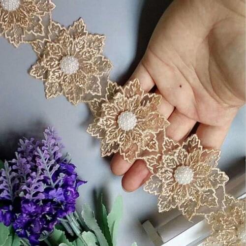 1 yard Glod Pearl Beaded Embroidered Flower Lace Ribbon Trim Floral Applique Patches Fabric Sewing Craft Vintage Wedding Dress