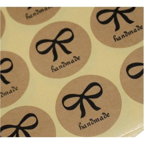 120PCS/Lot Vintage Round Handmade with Bow design Kraft Paper seal Sticker/ DIY Multifunction Baking Decoration packaging label