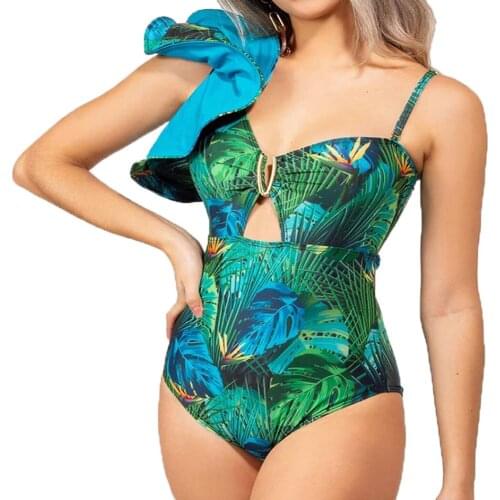 2021 New Summer Printed Sling Plus Size Swimsuit Womens One-Shoulder Ruffled Girls Beach Swimwear