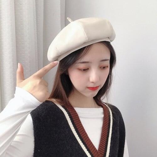Autumn winter hat womens casual outdoor leather simple solid color retro girl artist beret female warm walking cap A74