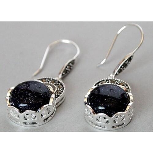 Free Shipping charm ladys 925 Sterling Silver blue sand jade Marcasite Earrings 14/5"