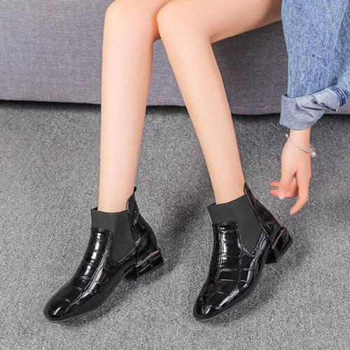 Women Shoes Square Head Elastic Band Fashion Women Ankle Boots Patent Leather Short Boots Women Plus Velvet Martin Boots NO.278