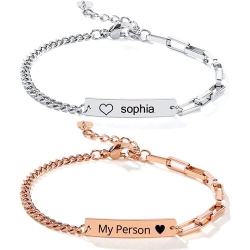 Custom Stainless Steelm Bar Bracelet with Rectangle Chain Link Nameplated Personalized Tiny Disc Paperclip Chain Bracelet